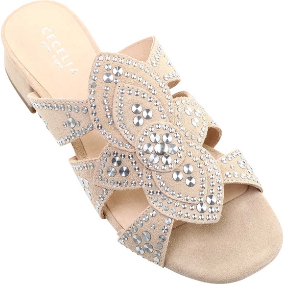 Cecelia New York Martini Micro Stud Sandal Bone Beige Suede Mule Block Heel 10 - Picture 3 of 9